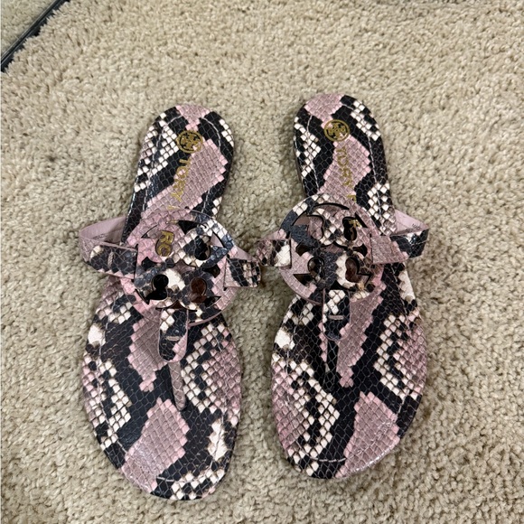 Tory Burch Pink and Black Snake Print Sandals